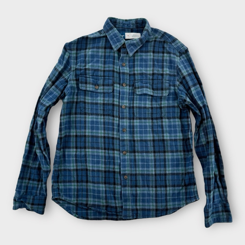 Old Navy Shirt‎ Mens Medium Blue Plaid Flannel Regular Fit Double Brushed